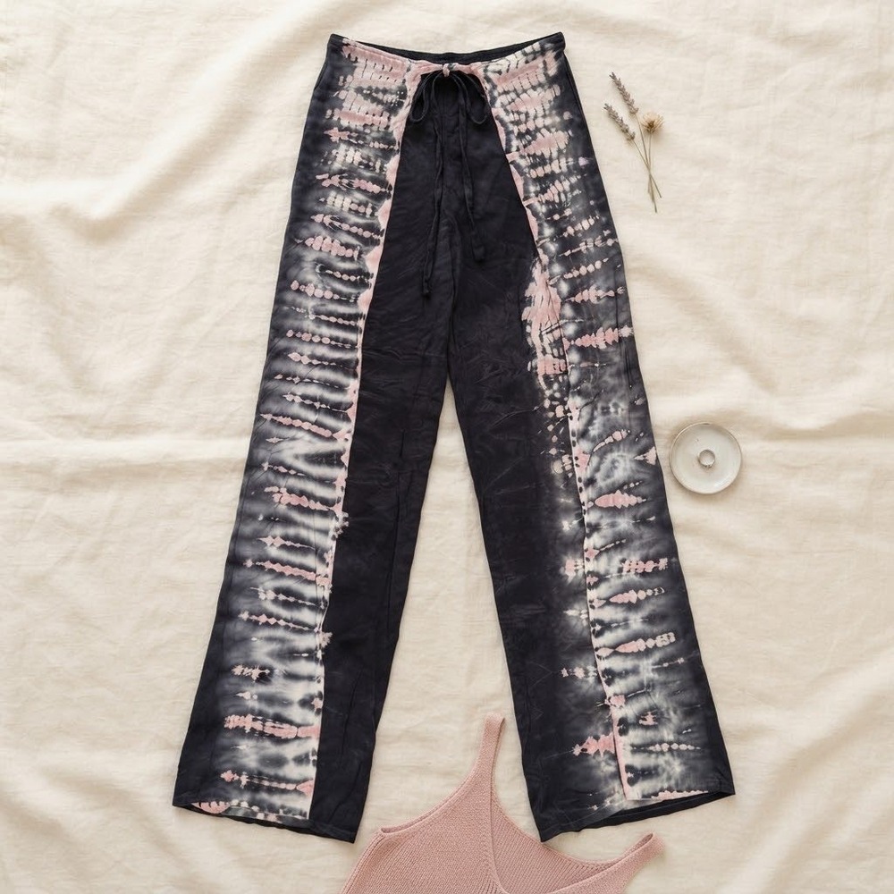 Young Fabulous & Broke Tie Dye Wide Leg Slit Pants Black Pink Rayon Boho XS
